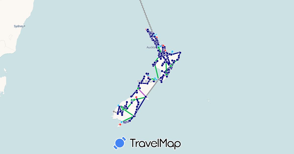 TravelMap itinerary: driving, bus, plane, cycling, train, hiking, boat, motorbike in France, New Zealand (Europe, Oceania)