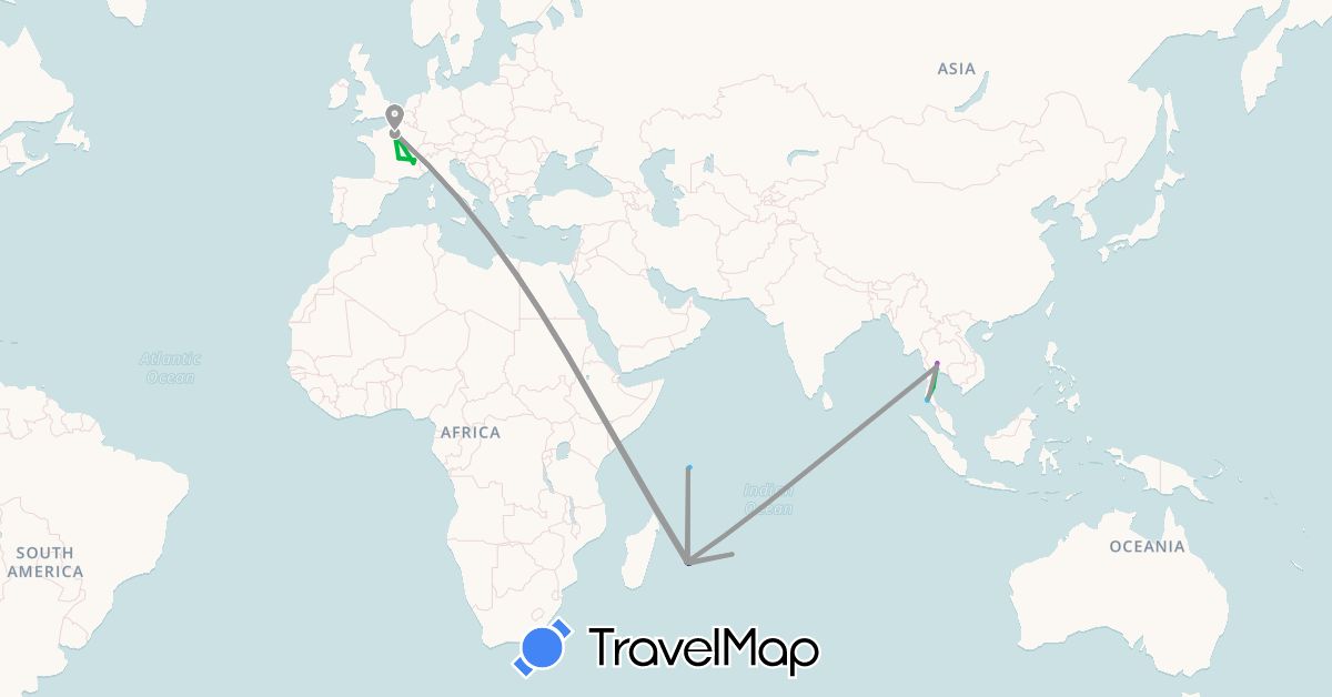 TravelMap itinerary: driving, bus, plane, train, hiking, boat, motorbike in France, Mauritius, Réunion, Seychelles, Thailand (Africa, Asia, Europe)